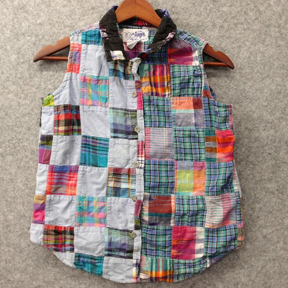 Vintage Patchwork Whimsy Button Up Shirt Girls L  Plaid Boho Vest LITTLE ANGELS